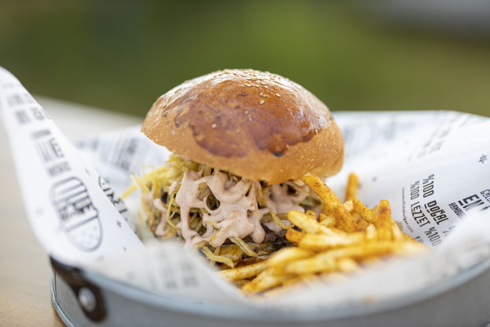 Canon RF 85mm F1.2L USM sample photo. Burger, potato, bread photography