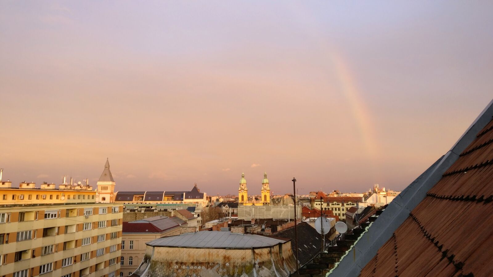 OnePlus A3003 sample photo. Rainbow, church, rooftops photography