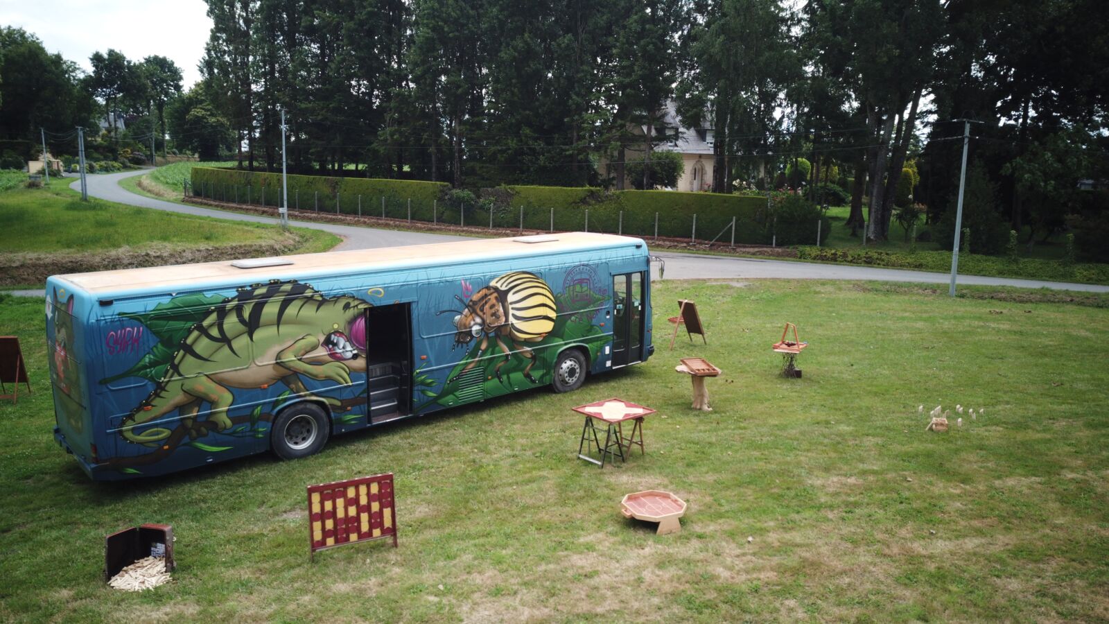 DJI FC220 sample photo. Wooden games, converted bus photography