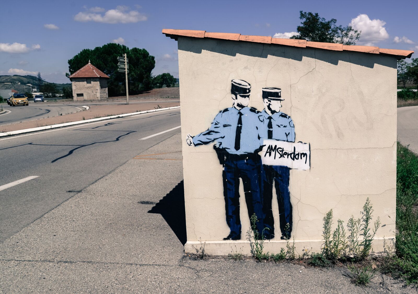 Nikon D610 sample photo. Hitchhiking, cops, mural photography