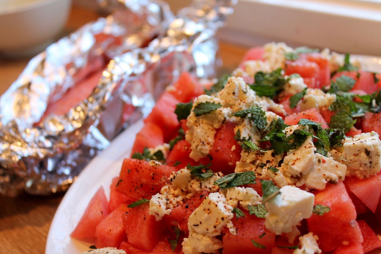 Canon EOS 1100D (EOS Rebel T3 / EOS Kiss X50) sample photo. Melon salad, salmon, noon photography