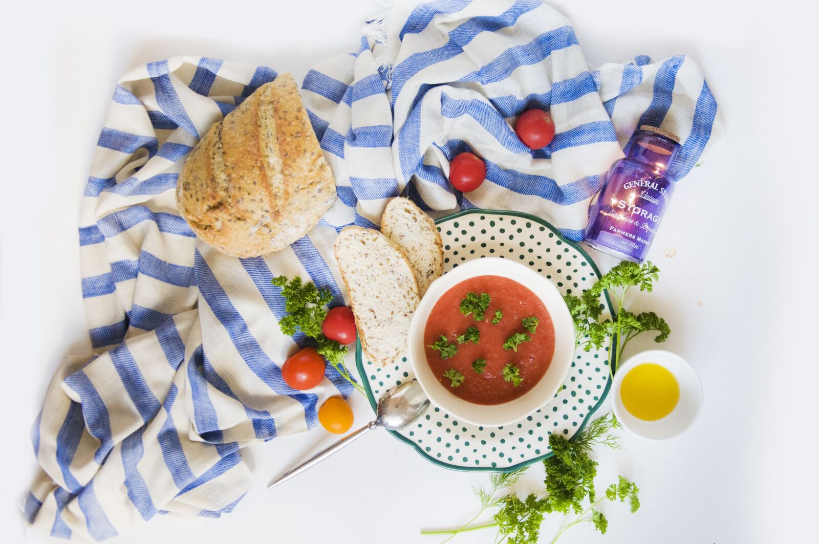 Nikon D300 sample photo. Soup, gazpacho, bread photography