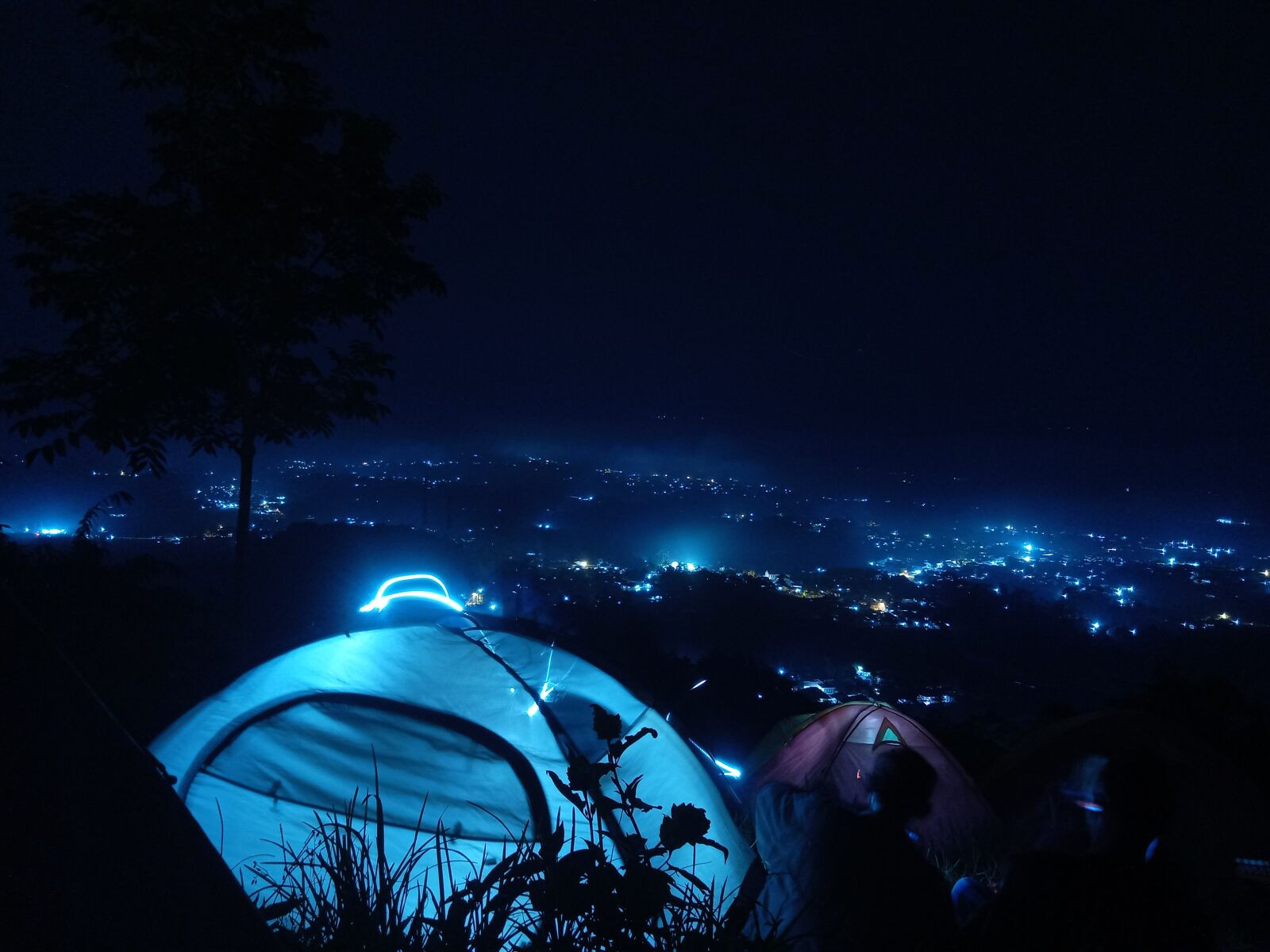 Realme C2 sample photo. Night, camping, blue photography