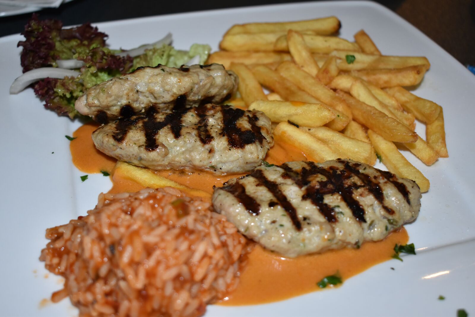 Nikon D5600 sample photo. Greek food, suzuki, fries photography