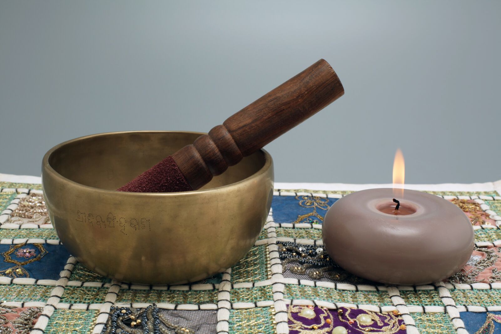 Canon EOS 5D Mark II sample photo. Singing bowl, candle, meditation photography