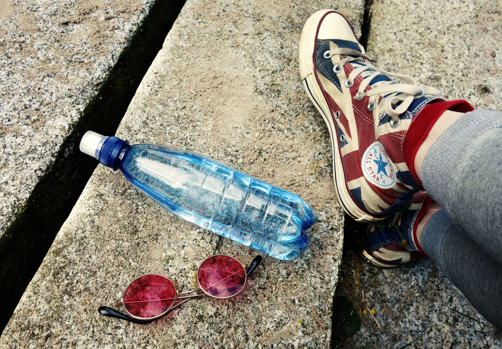 Sony Cyber-shot DSC-RX100 sample photo. Water bottle, glasses, feet photography
