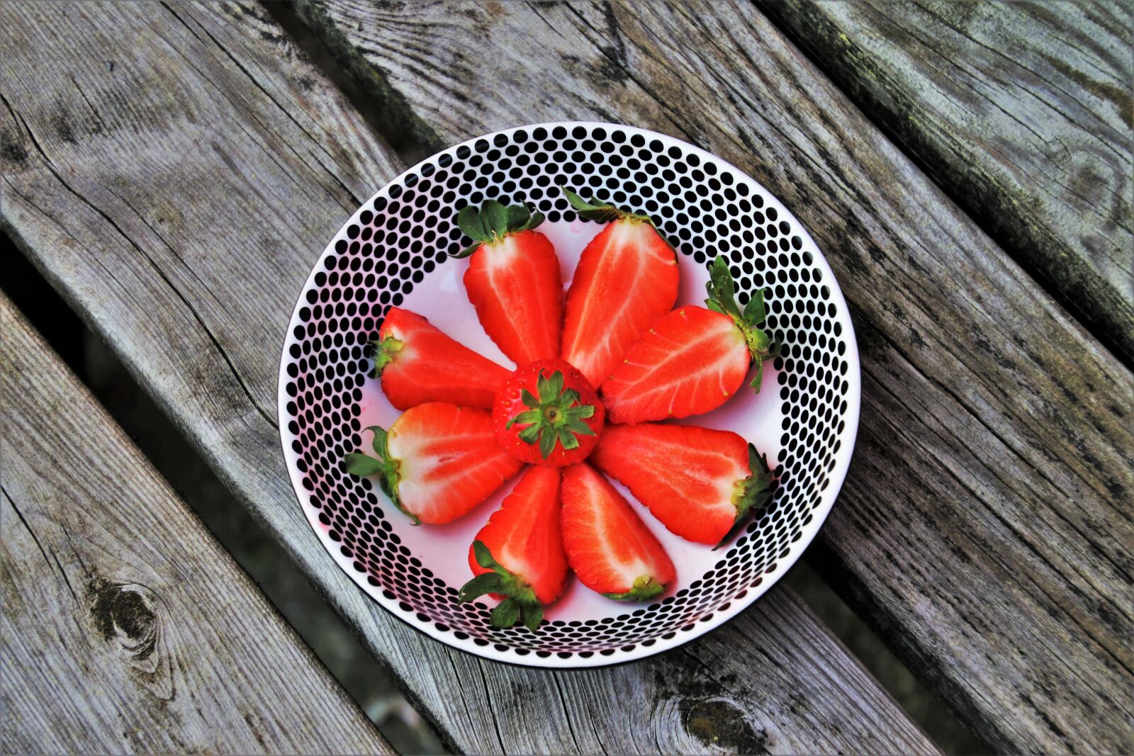 Canon EOS 80D sample photo. Strawberries, plate, dots photography