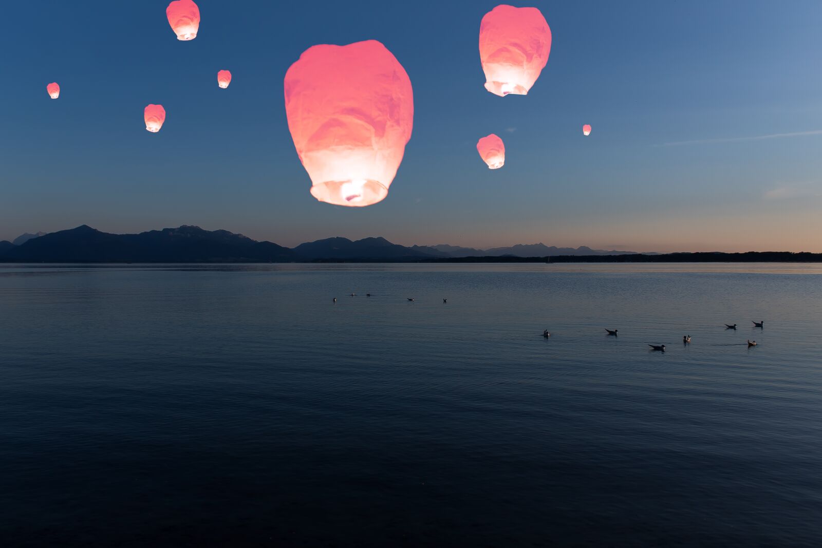 Canon EOS 1300D (EOS Rebel T6 / EOS Kiss X80) sample photo. Sky lanterns, lake, mountains photography