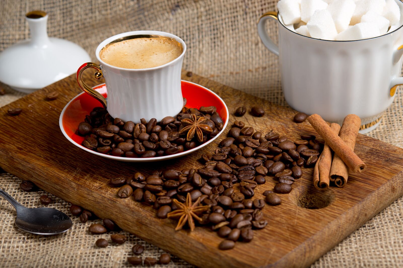 Canon EF 85mm F1.8 USM sample photo. Coffee, sugar, coffee beans photography