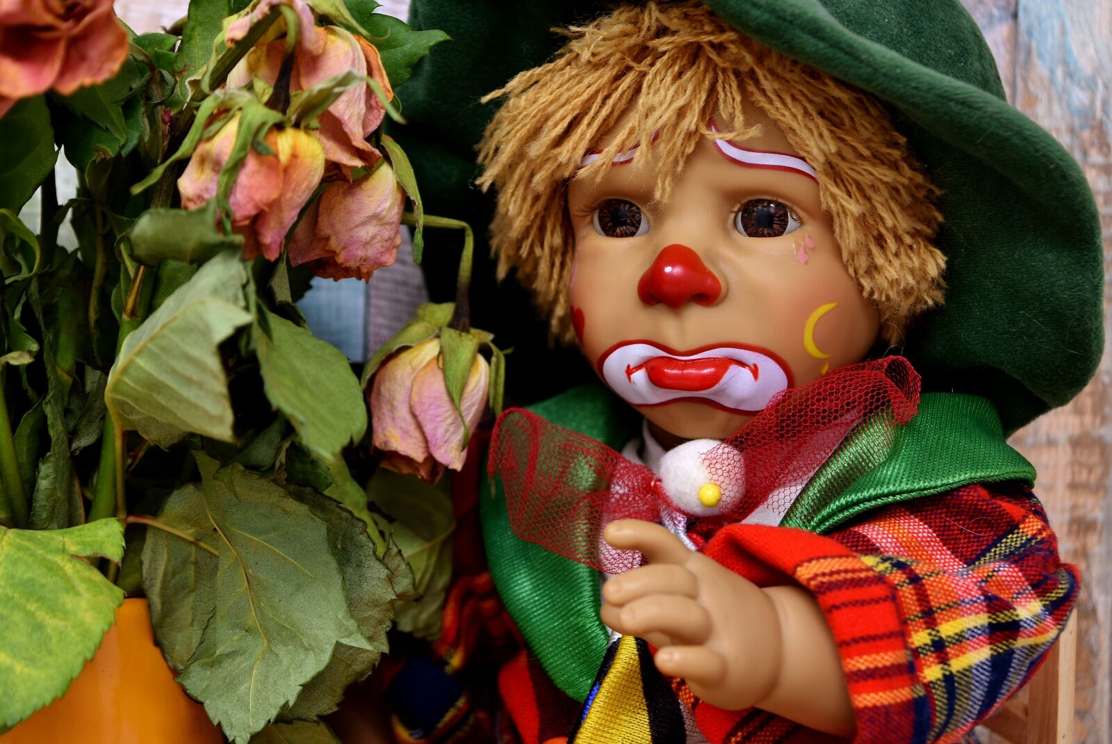 Nikon D7200 sample photo. Clown, sad, roses photography