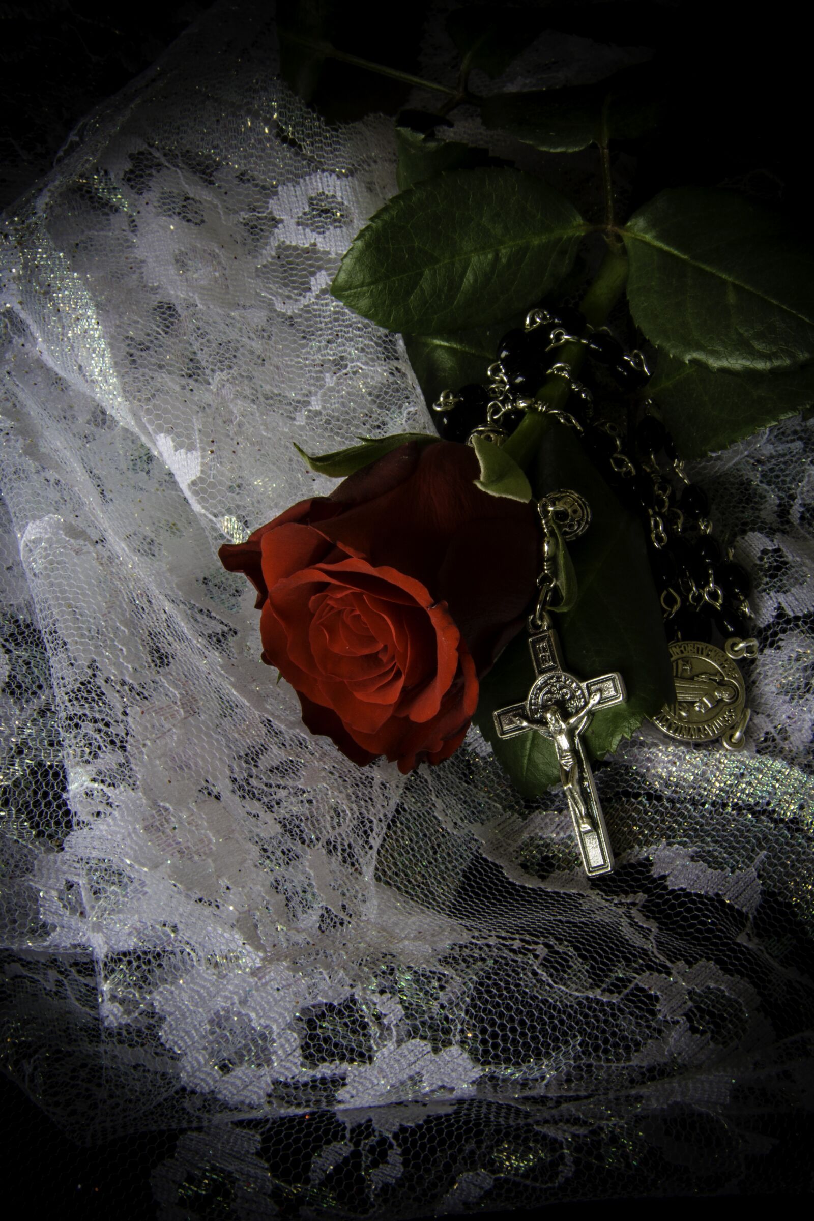 Canon EF-S 17-85mm F4-5.6 IS USM sample photo. Red rose, crucifix, religion photography