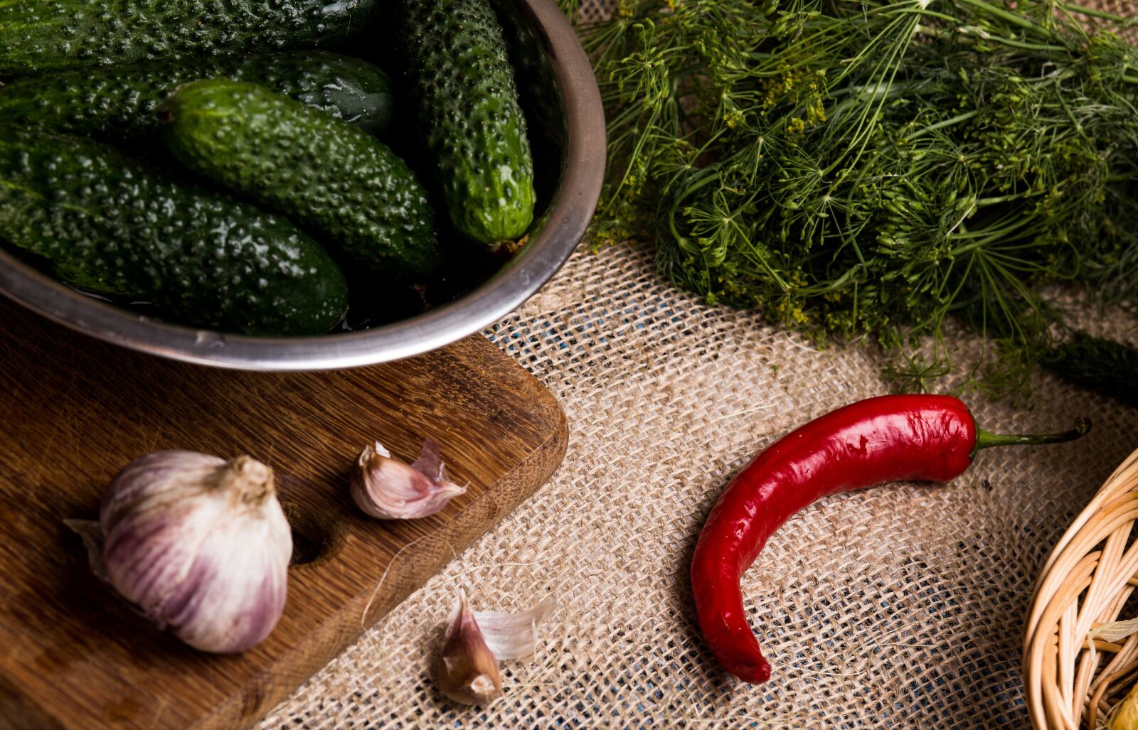 Canon EF 85mm F1.8 USM sample photo. Cucumbers, red pepper, garlic photography
