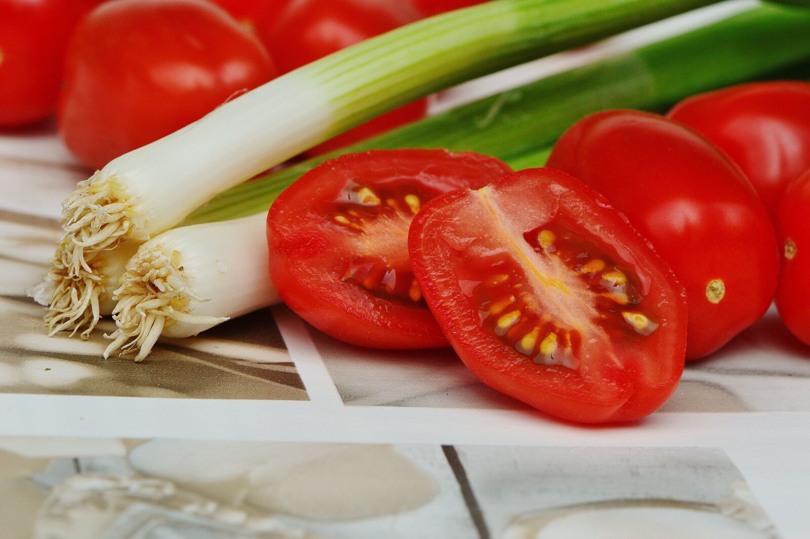 Nikon D3200 sample photo. Tomatoes, spring onions, vegetables photography