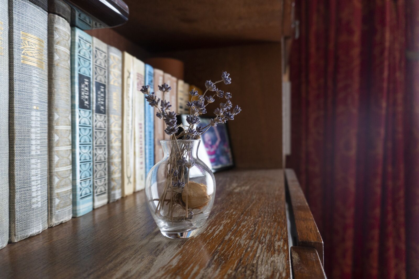 Sony a6300 sample photo. Flower, vase, books photography