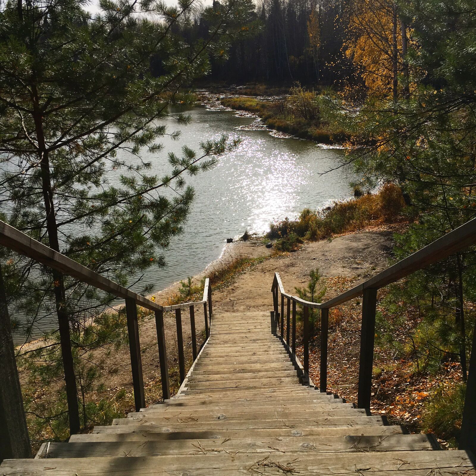iPhone SE back camera 4.15mm f/2.2 sample photo. Lake, forest, stair photography