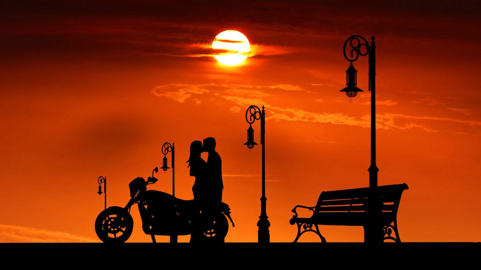 Panasonic Lumix DMC-FZ200 sample photo. Sunset, couple, motorcycle photography