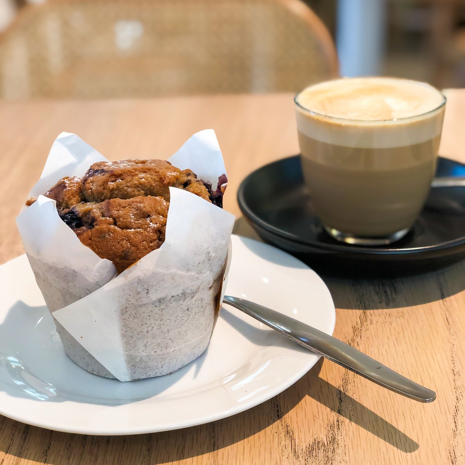 iPhone X back dual camera 6mm f/2.4 sample photo. Muffin, blueberry muffin, coffee photography