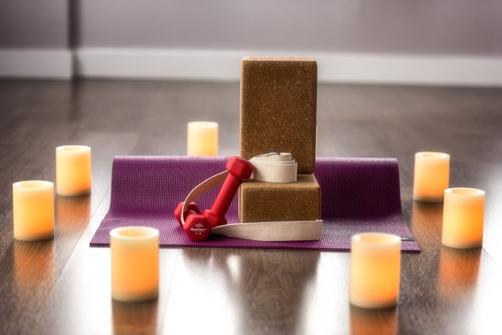 Nikon D750 sample photo. Yoga, candle, block photography