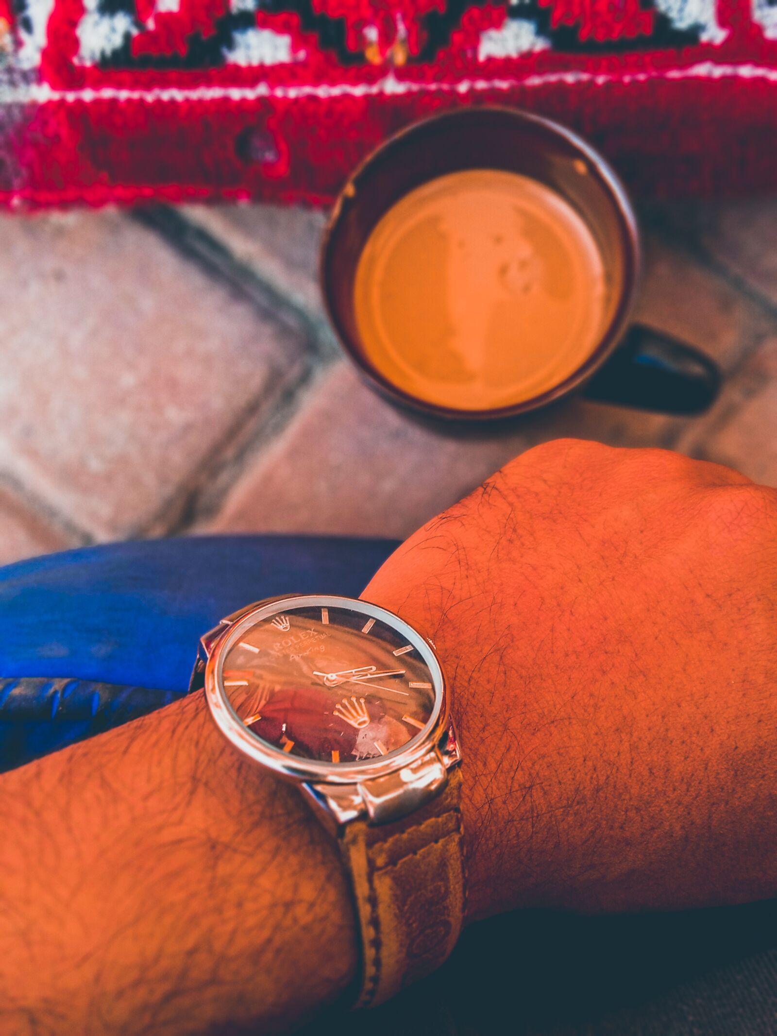 Realme C2 sample photo. Tea, watch, cup photography