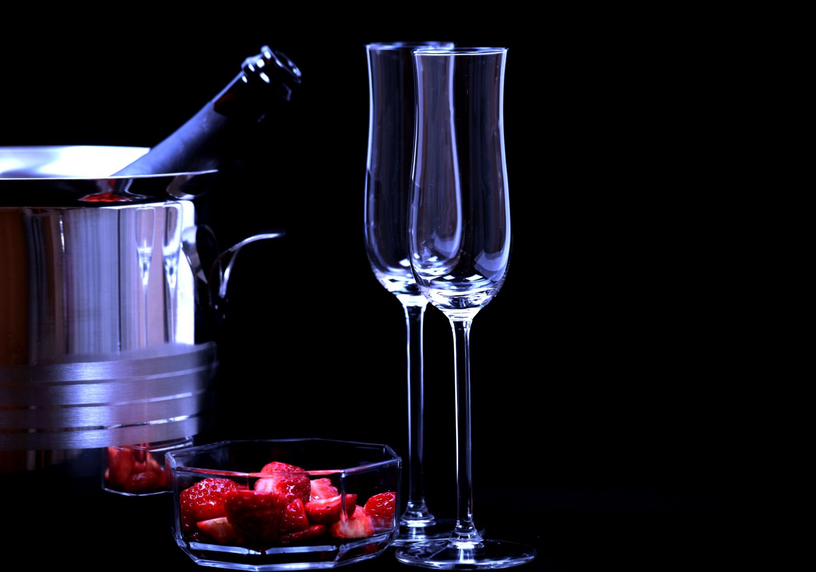 Canon EOS 5D Mark II sample photo. Strawberries, champagne glasses, romance photography