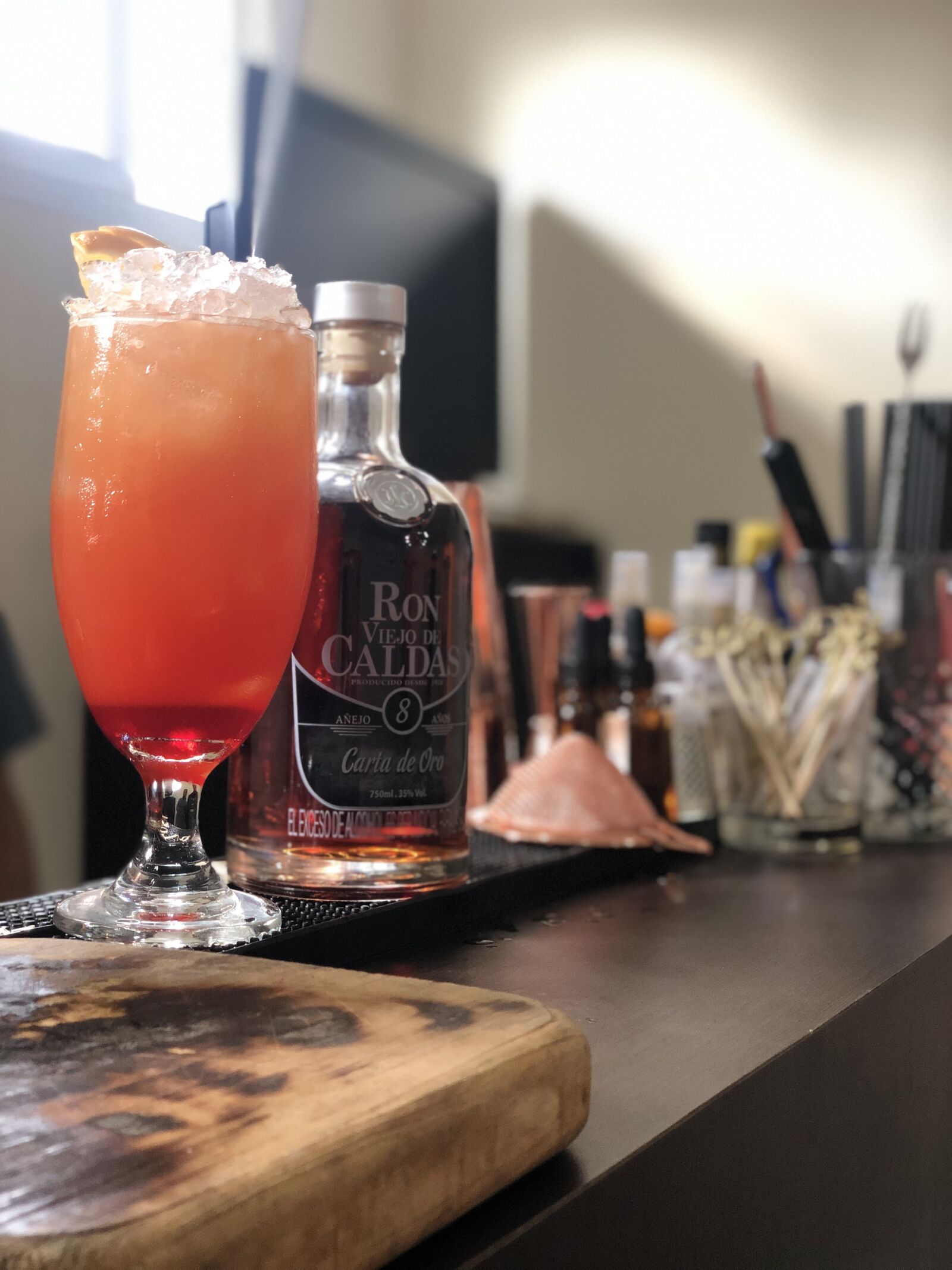 iPhone X back dual camera 6mm f/2.4 sample photo. Ron, drink, bar photography