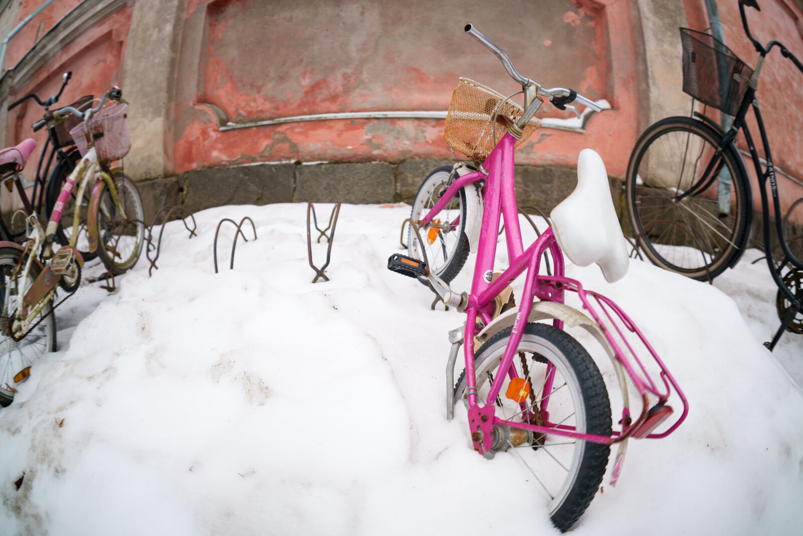 Sigma 15mm F1.4 DG DN Diagonal Fisheye Art sample photo. Snow bicycle photography