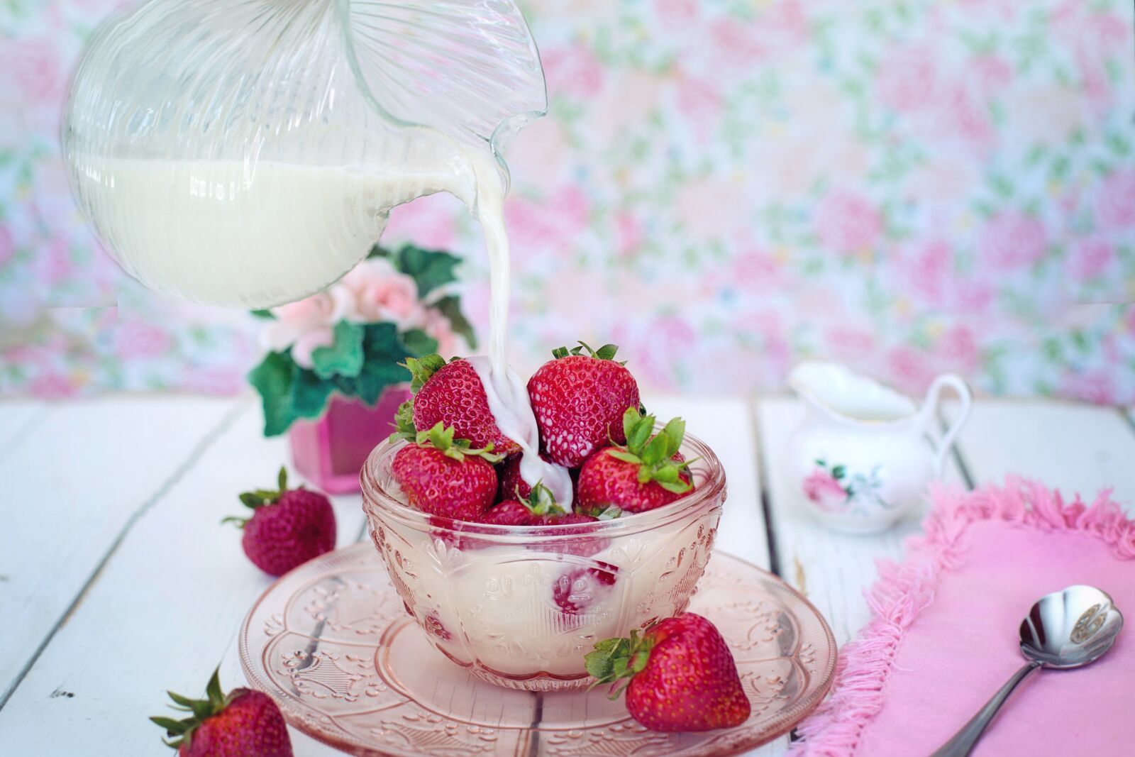 Canon EF 50mm F1.4 USM sample photo. Strawberries, cream, milk photography
