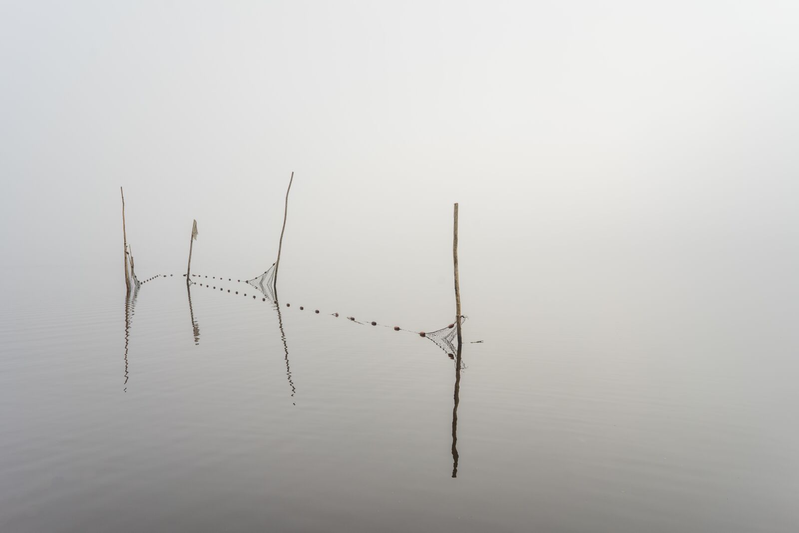 Sony a7 II + Sony FE 28mm F2 sample photo. Fishing net, fishing, fog photography