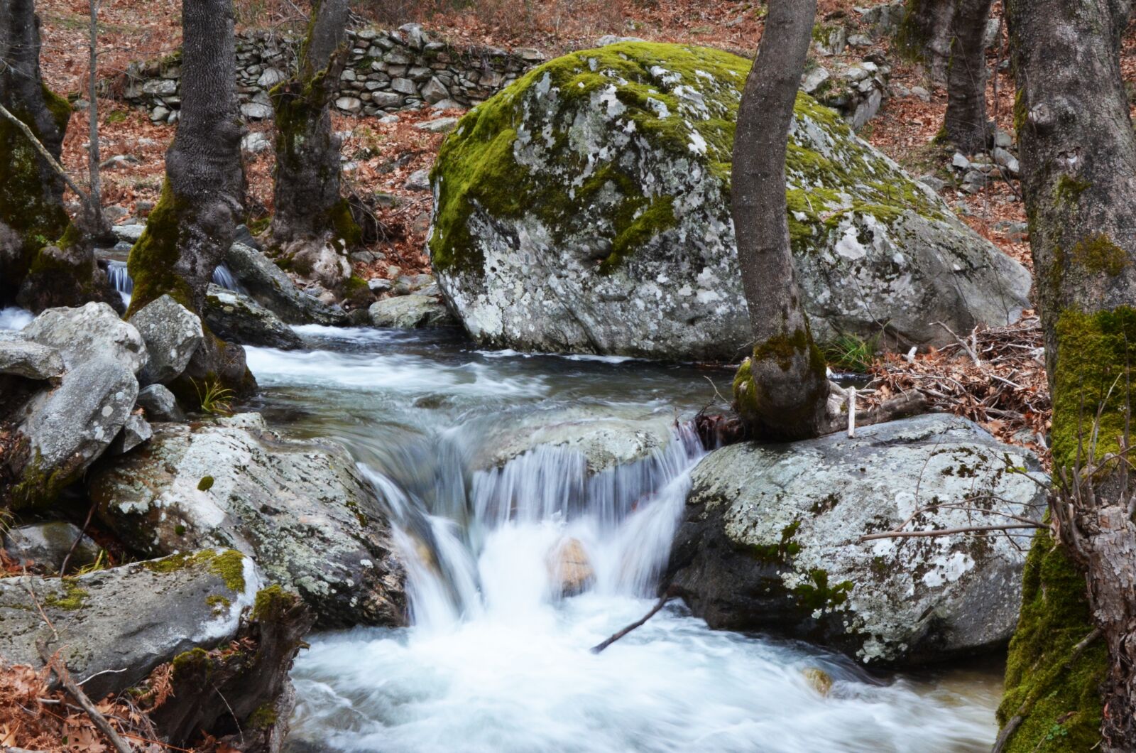 Nikon D5100 sample photo. Falling water, rocks, moss photography