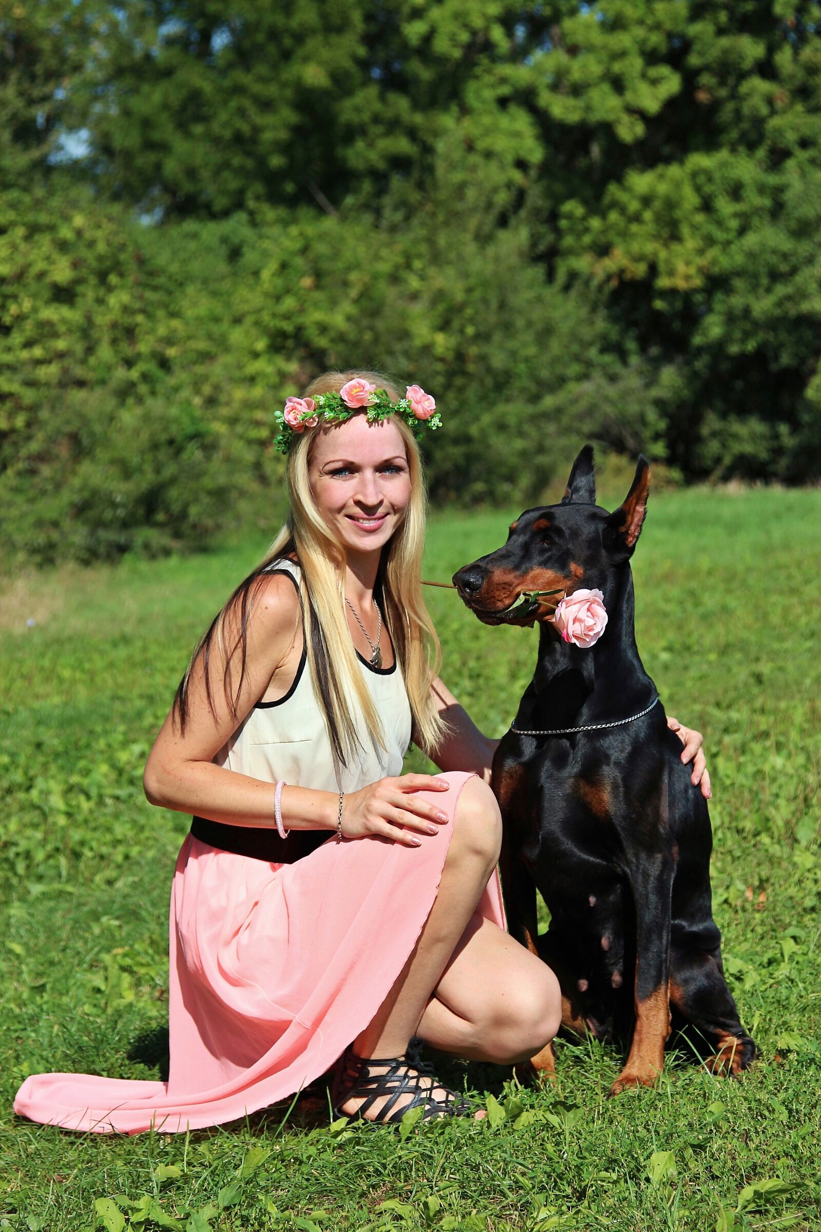 Canon EOS 600D (Rebel EOS T3i / EOS Kiss X5) + Canon EF 24-105mm F4L IS USM sample photo. Doberman, dog, rose photography