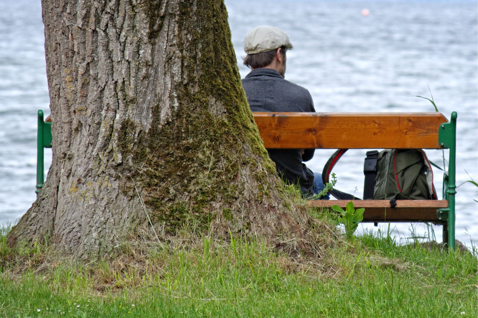 55.0-200.0mm f/4.0-f/5.6 sample photo. Bench, bank, person photography