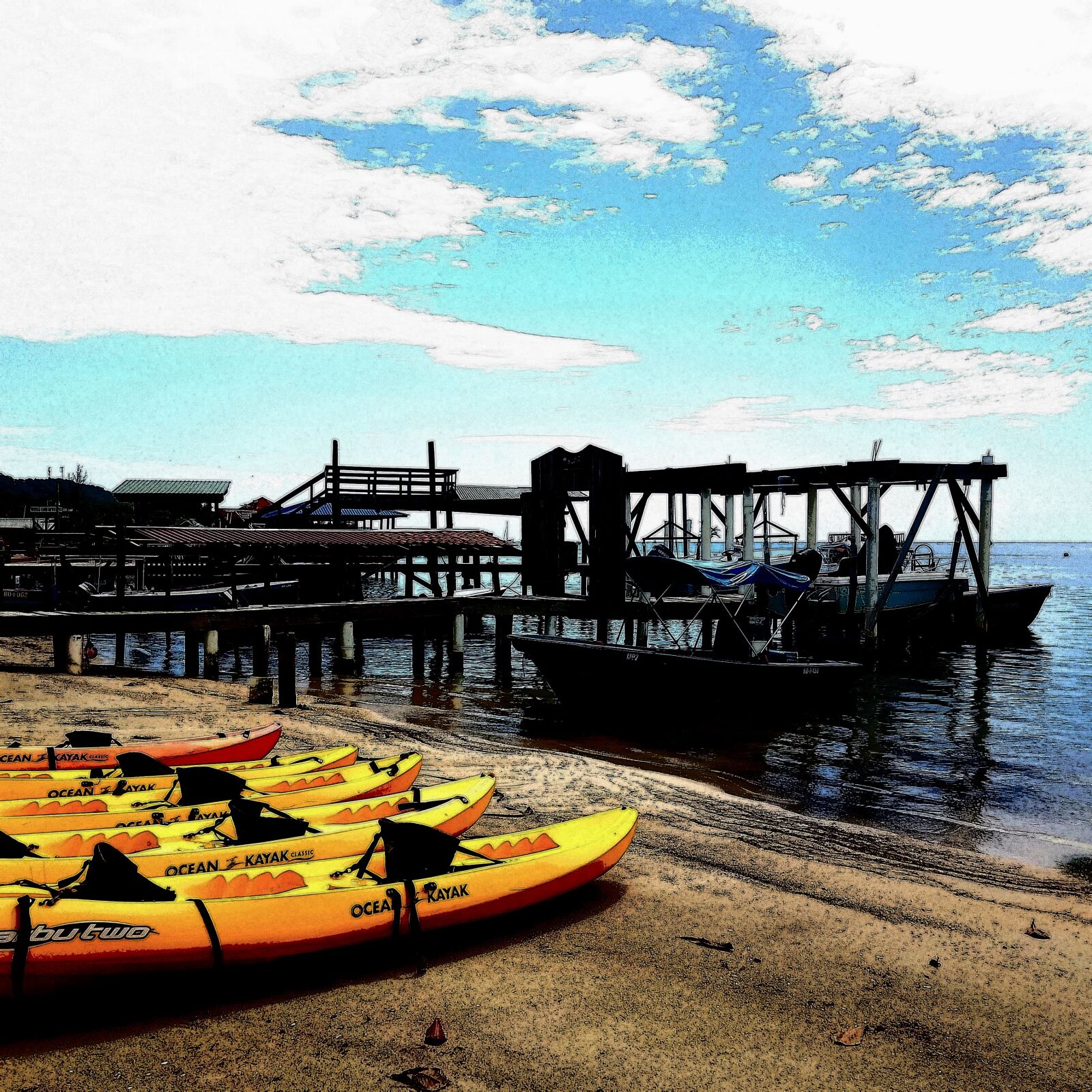 Samsung Galaxy S7 sample photo. Roatan, seaside, kayaks photography