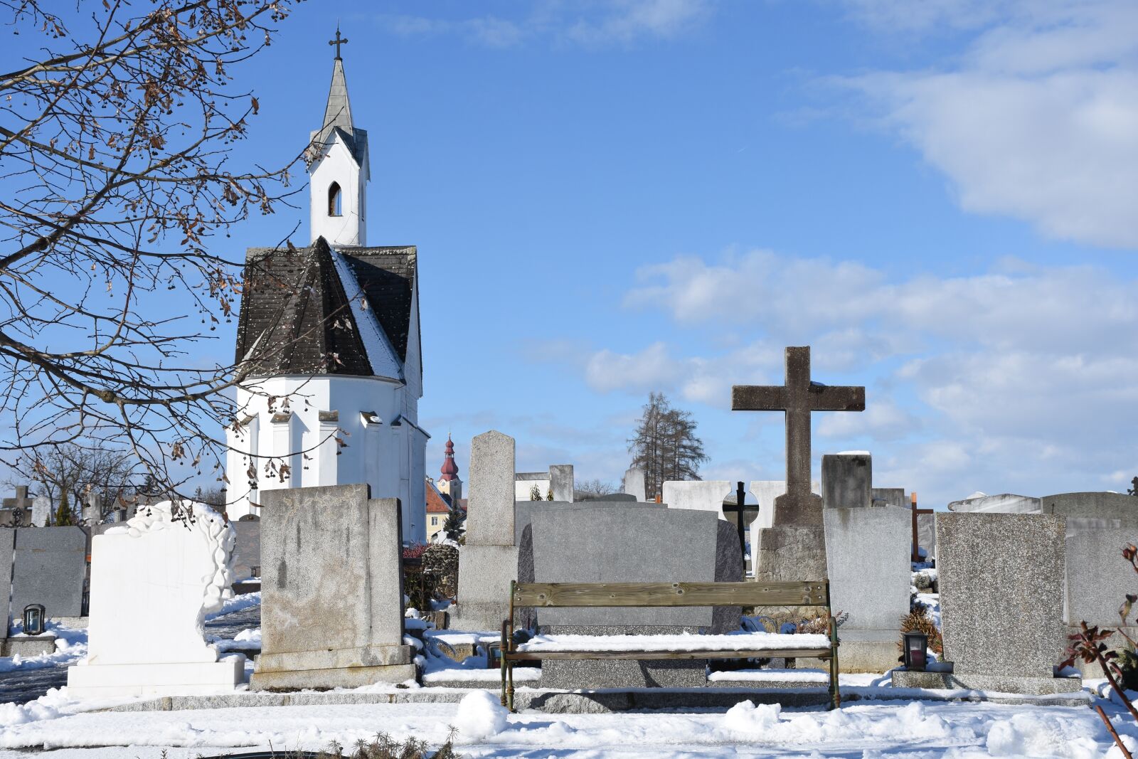 Nikon D7200 sample photo. Cemetery, bench with snow photography