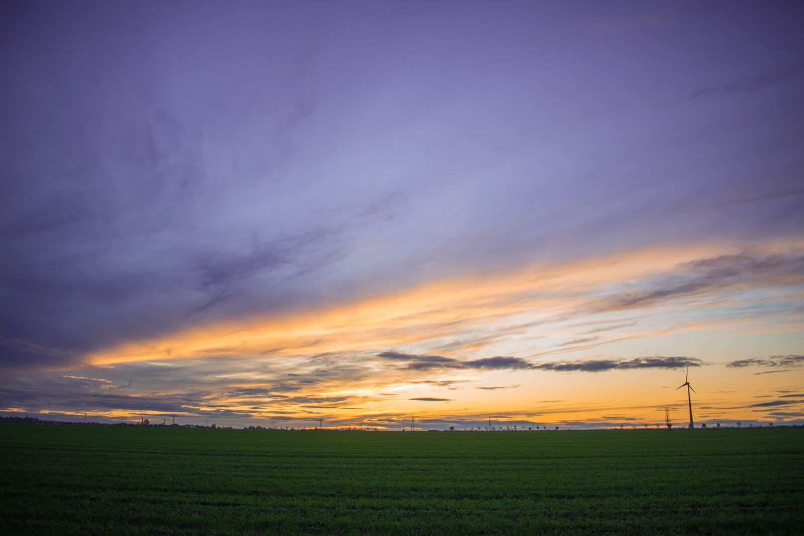 Nikon D5600 sample photo. Sunset, field, wind turbines photography