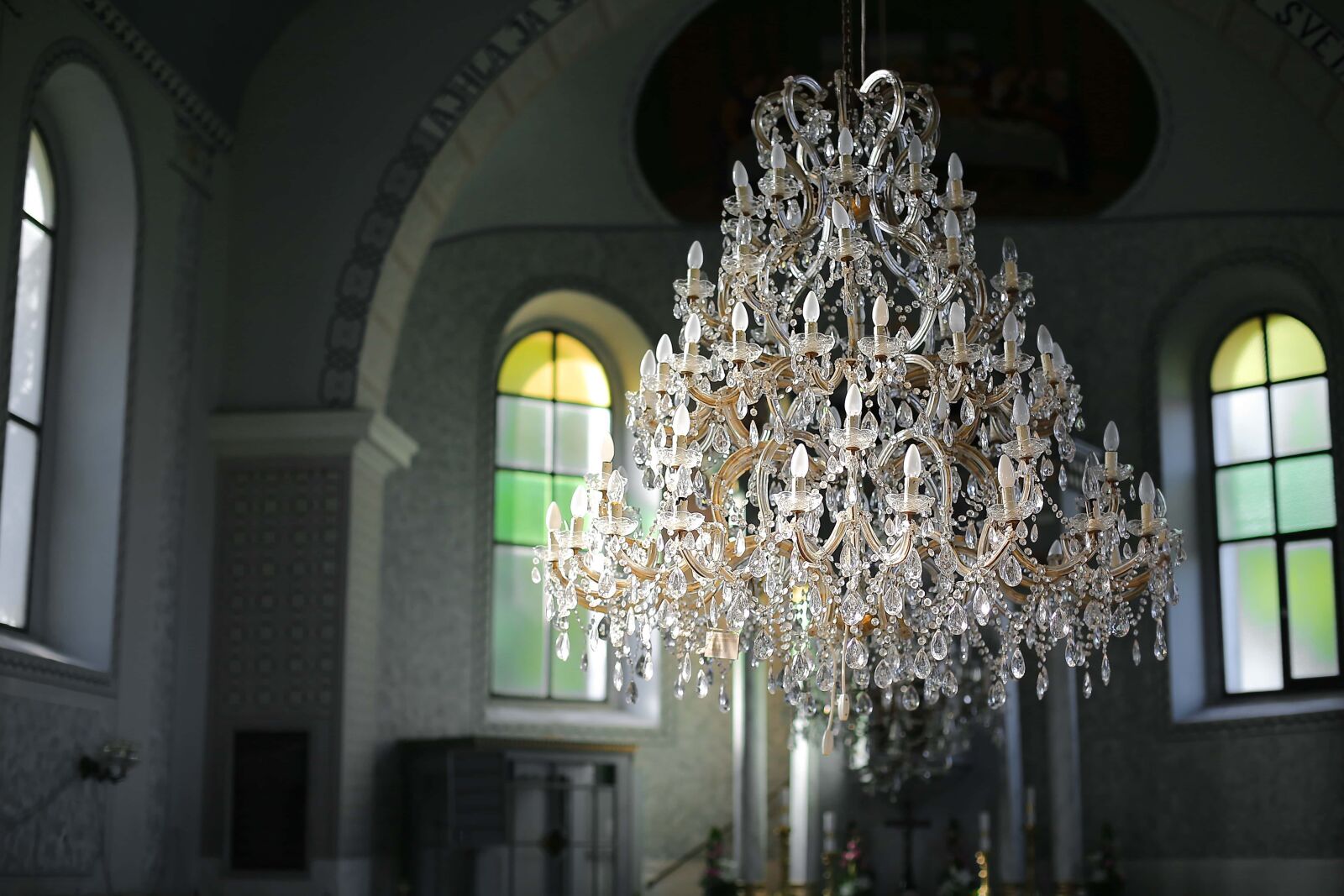 Canon EF 50mm F1.4 USM sample photo. Hanging, chandelier, crystal, church photography