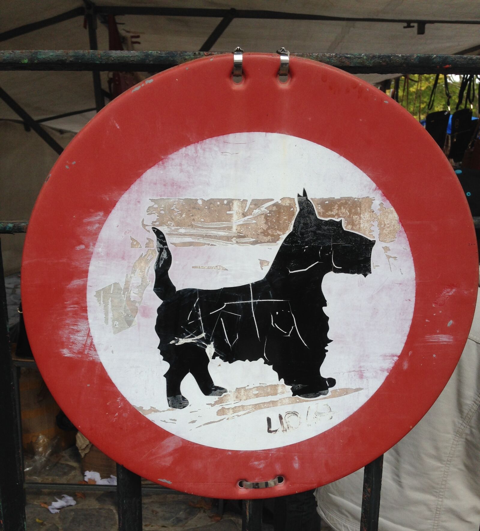 iPhone 5 back camera 4.12mm f/2.4 sample photo. Traffic sign, dog, strange photography