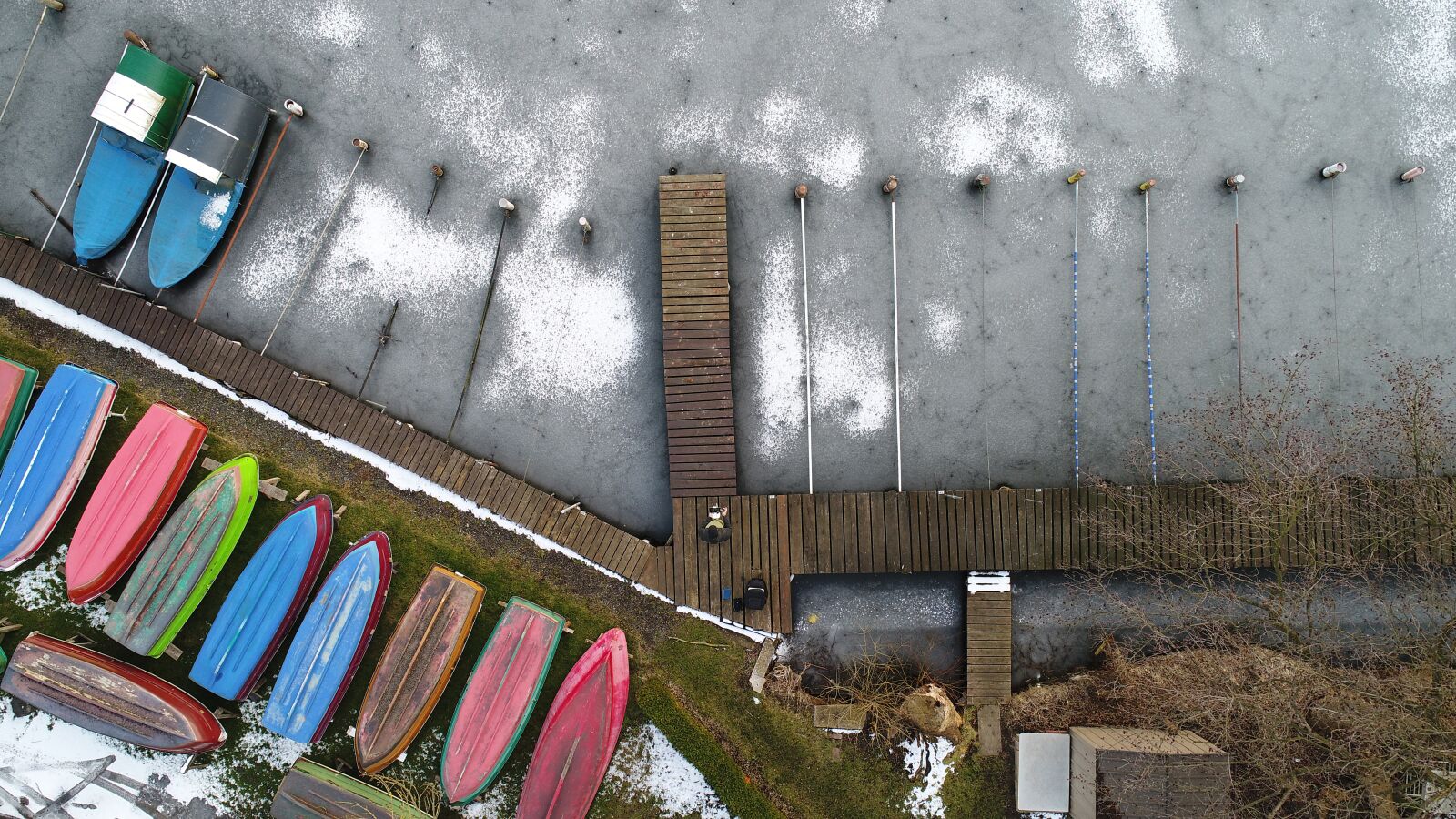 DJI FC6310 sample photo. Boardwalk, fishing boats, water photography