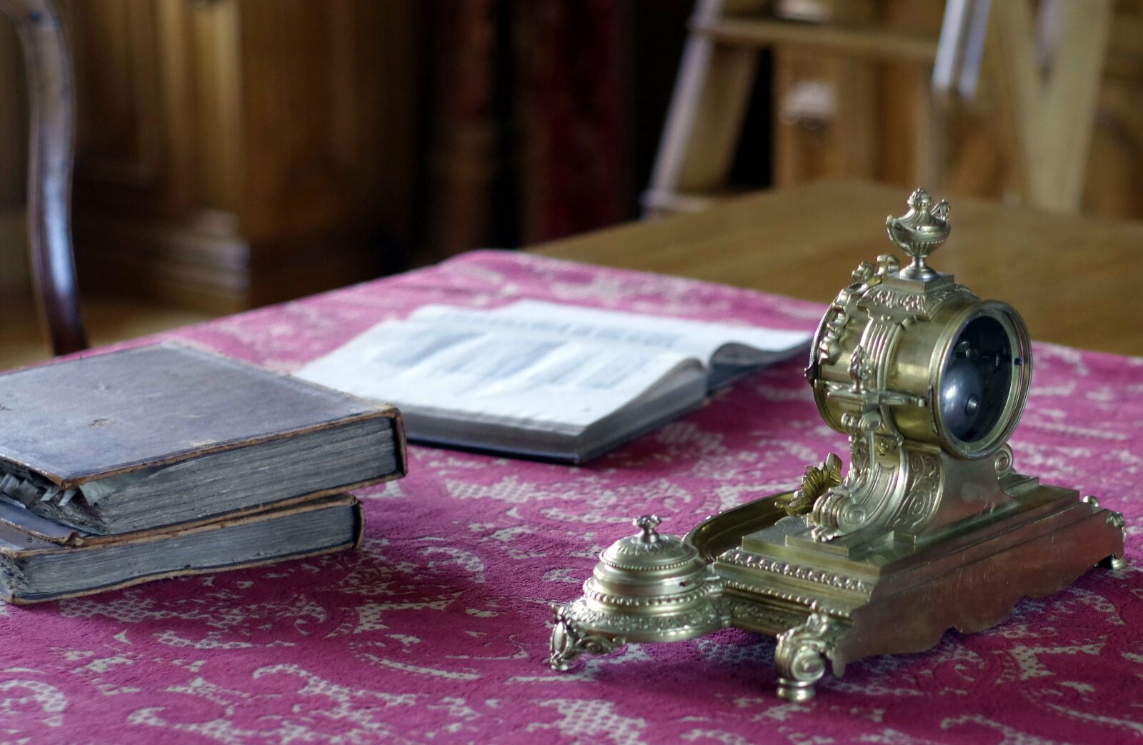 Pentax K-S2 sample photo. Work desk, book, clock photography