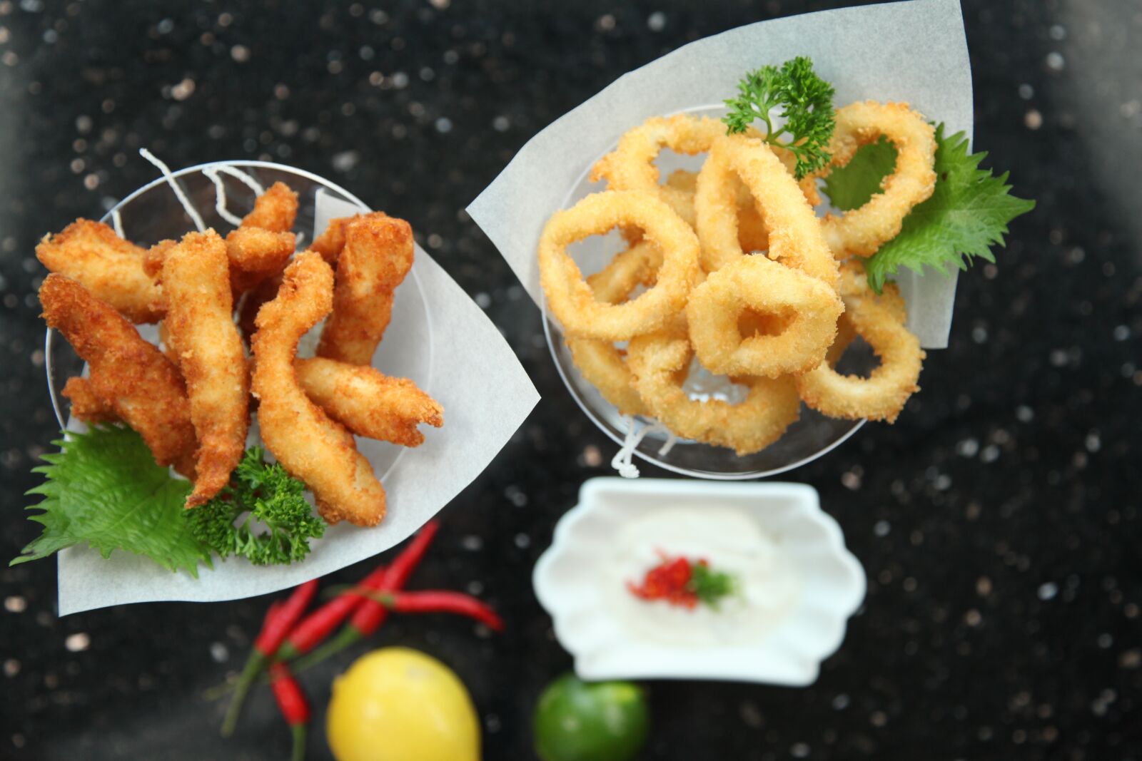 Canon EOS 5D Mark II sample photo. Calamari, fried chicken fingers photography