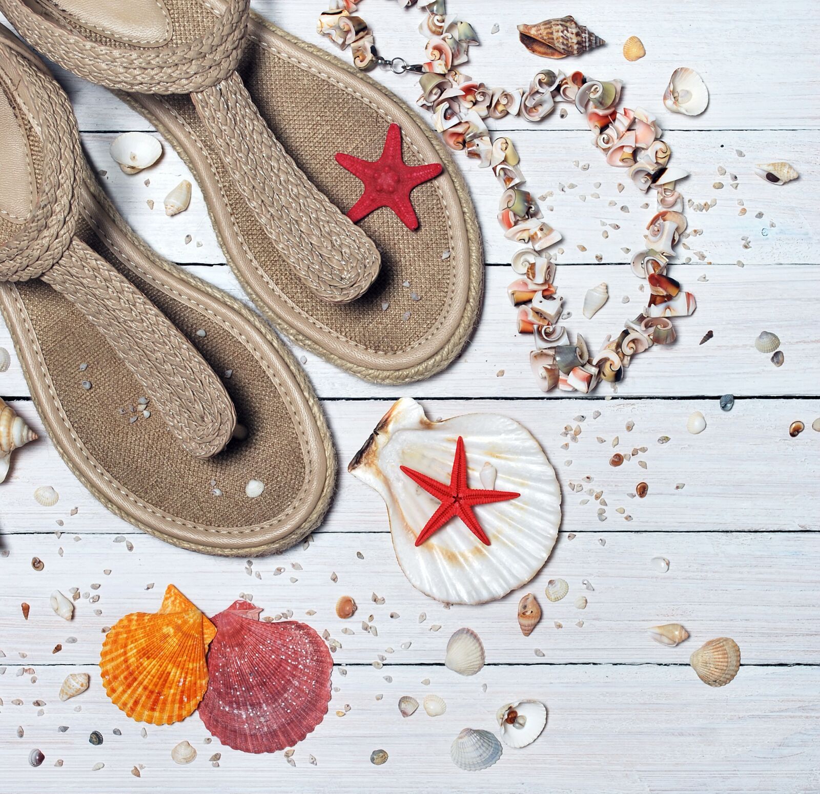Nikon D60 sample photo. Sandals, seashells, sea photography