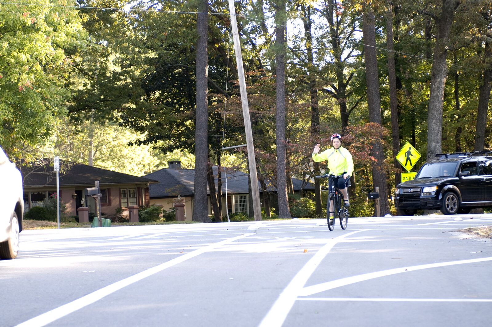 Nikon D300 sample photo. Bicyclist, signaling, automobile, driver photography