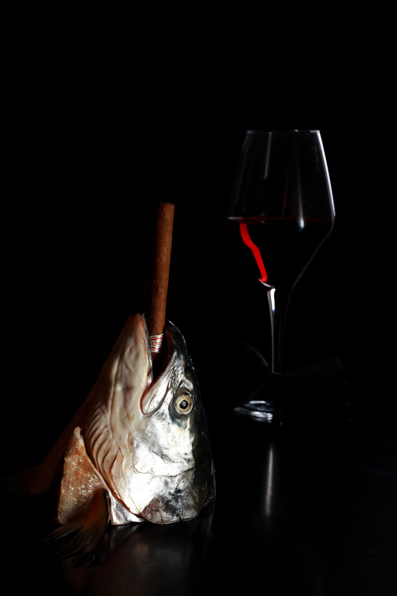 Canon EOS 5D Mark II sample photo. Fish, wine, cigar photography