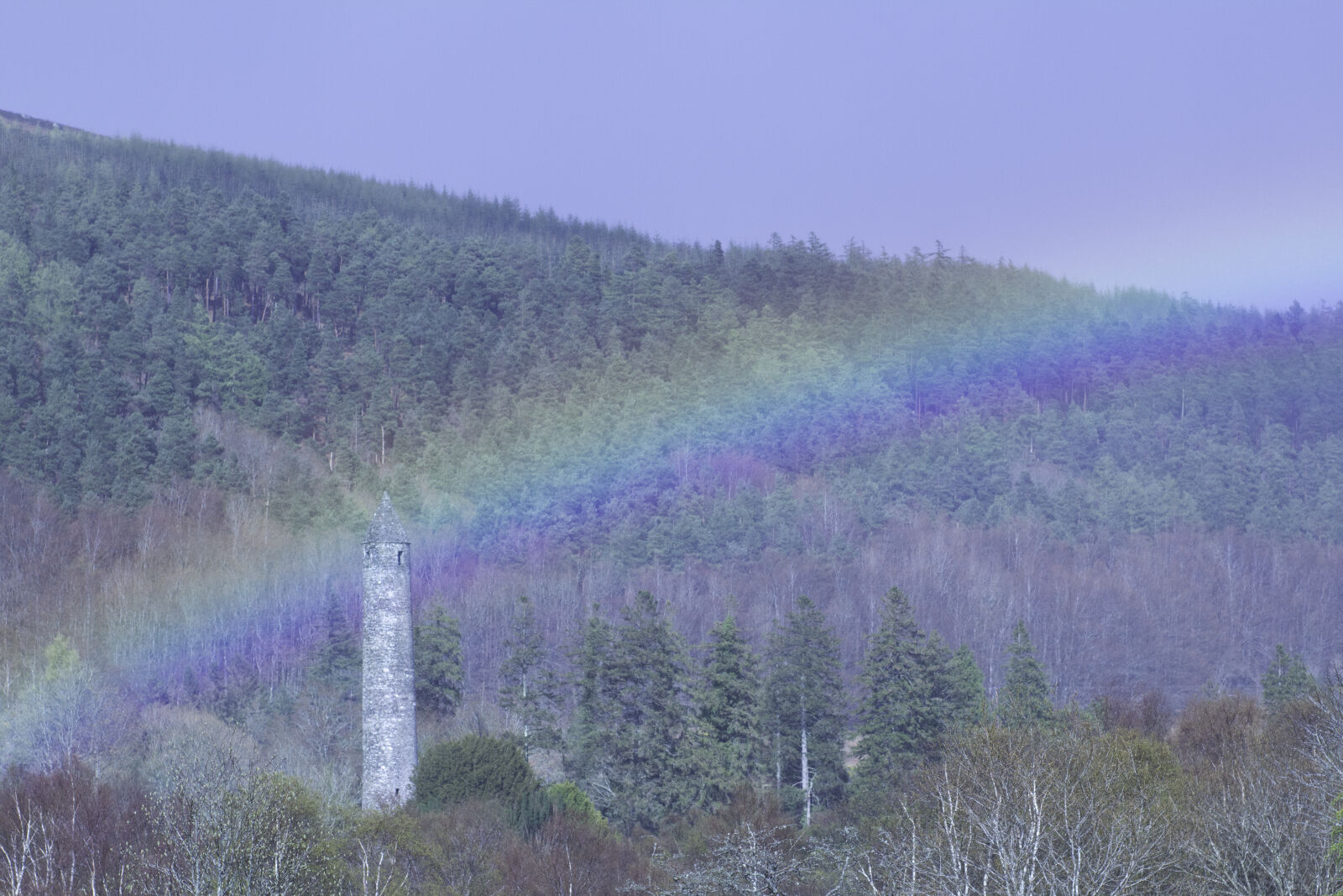 Canon EOS 1200D (EOS Rebel T5 / EOS Kiss X70 / EOS Hi) + Canon EF 85mm F1.8 USM sample photo. Forest, ireland, rainbow, tower photography