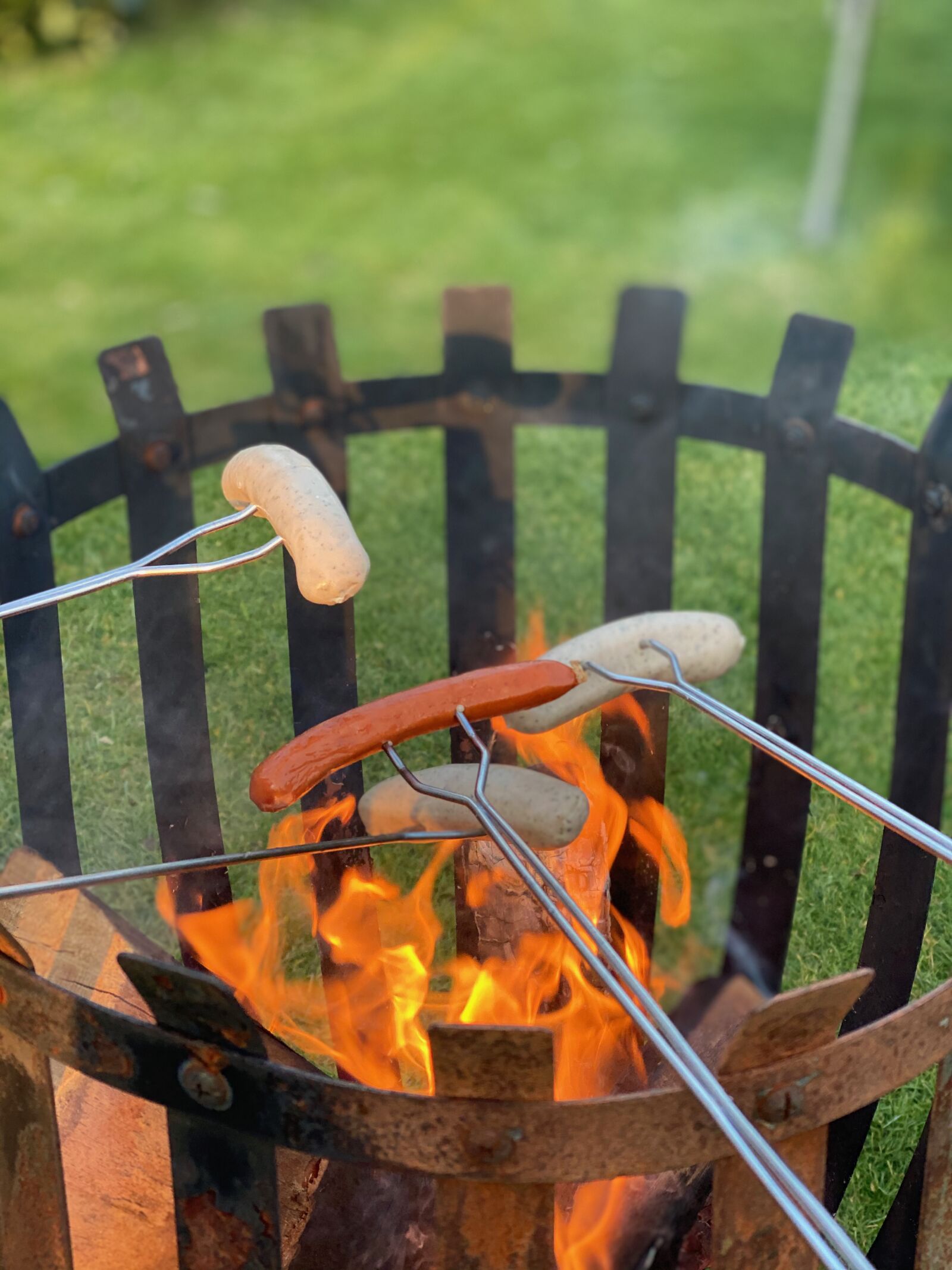 iPhone 11 Pro back dual camera 6mm f/2 sample photo. Sausage, barbecue, fire bowl photography