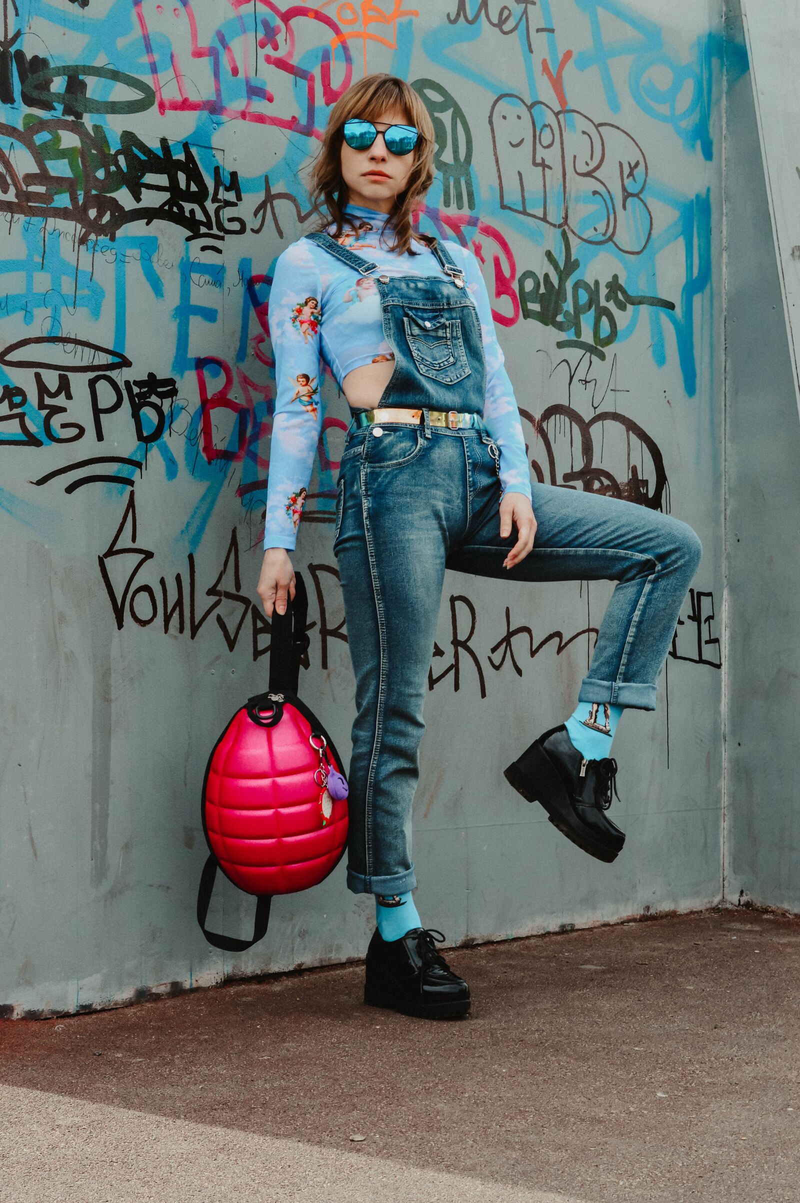 Nikon D3200 sample photo. Denim jumpsuit, backpack, graffiti photography