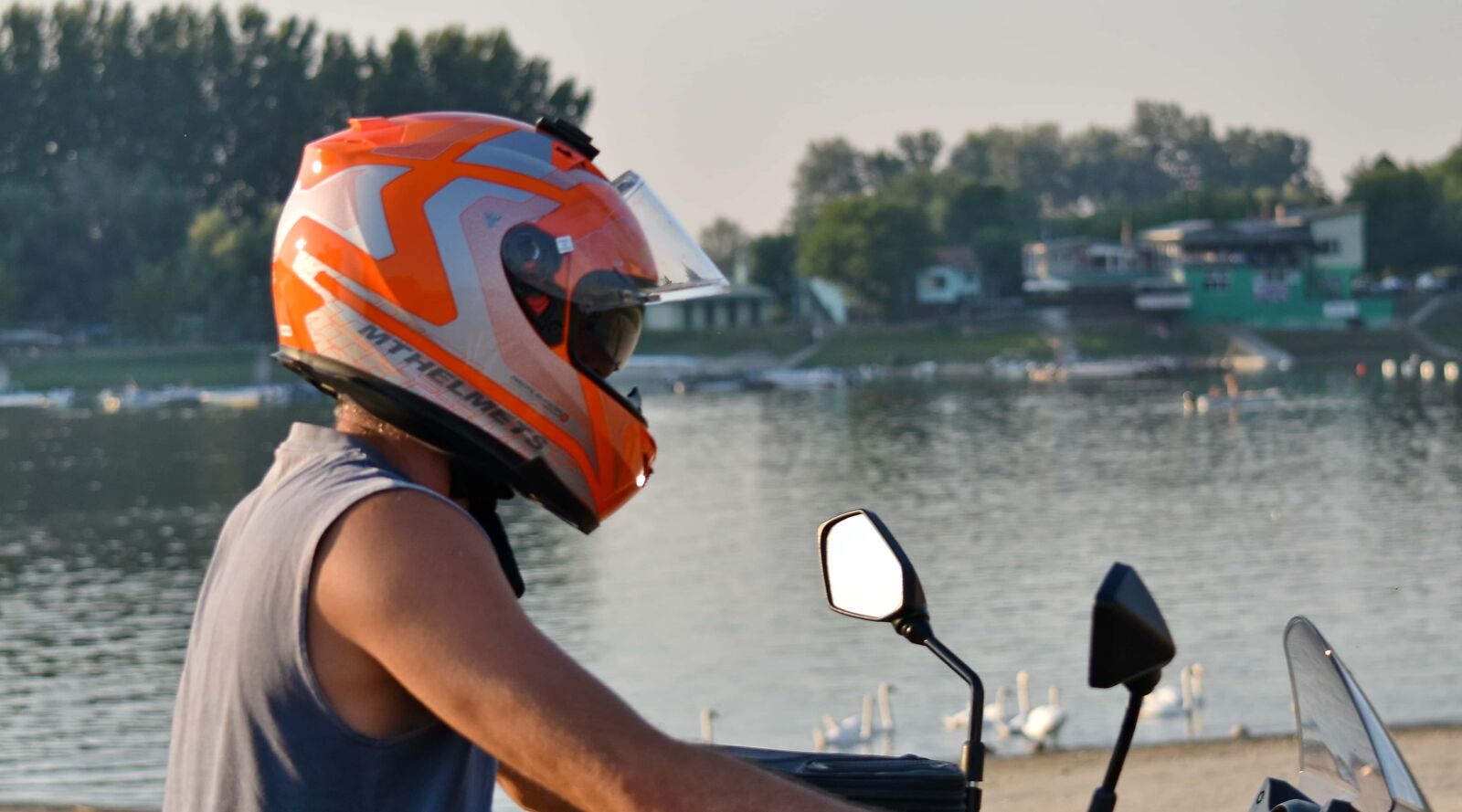 Nikon D5500 sample photo. Helmet, lake, motorcycle, motorcyclist photography