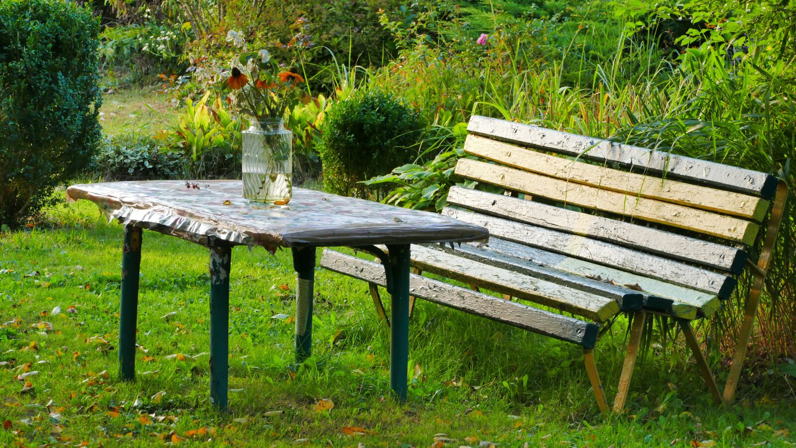 Panasonic Lumix DMC-FZ1000 sample photo. Garden, table, bench photography