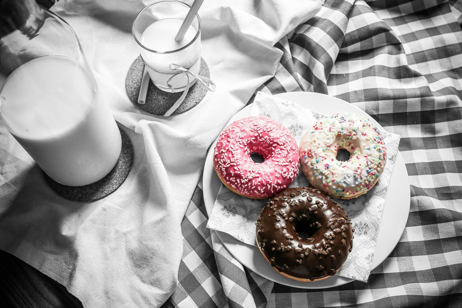 Canon EF 28mm F1.8 USM sample photo. Food, donuts, milk photography