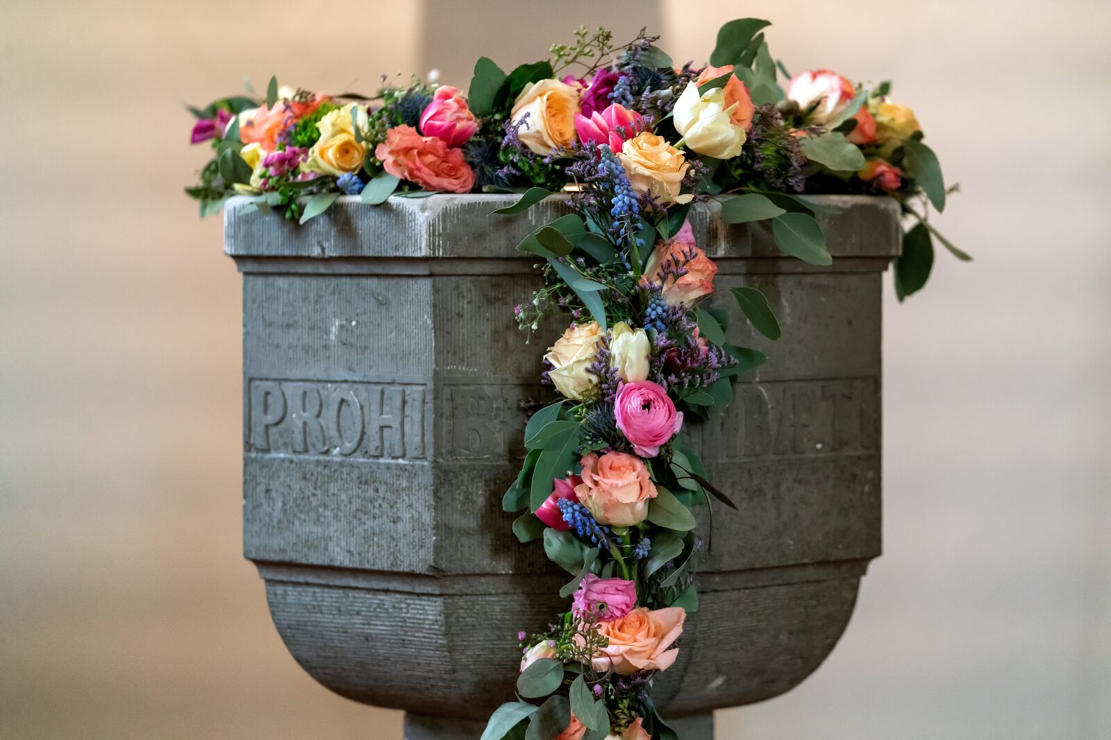 Sony a7R II sample photo. Baptismal font, baptism, floral photography