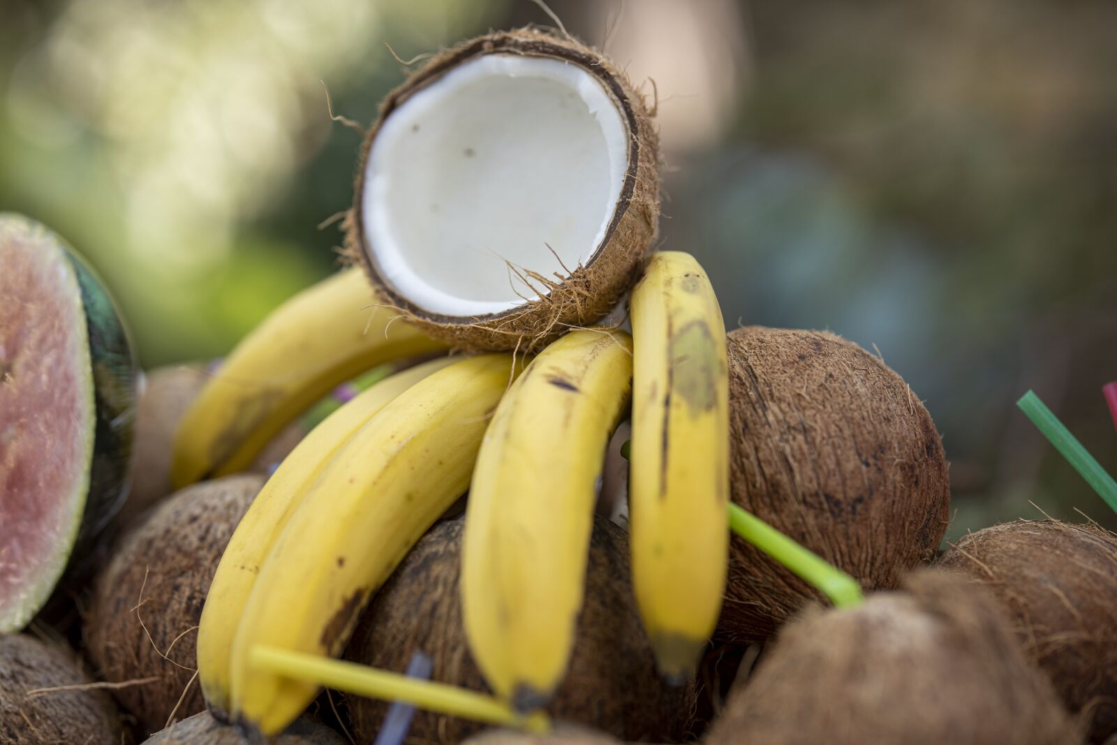 Canon RF 85mm F1.2L USM sample photo. Banana, india coconut, fruit photography